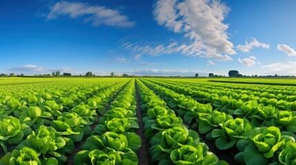 Wide-angle perspective reveals lush green vegetable fields stretching towards picturesque mountains, reflecting the tranquility and productivity of agricultural life in a serene landscape.