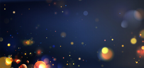 Festive bokeh lights on dark blue background - gold yellow orbs floating with bright sparkles. Blurred glowing circles and shimmering dots for celebration wallpaper or holiday party backdrop design. © klyaksun