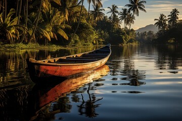 Fototapeta premium Traditional wooden boat with vibrant red sails navigating the tranquil backwaters surrounded by palm trees at dawn