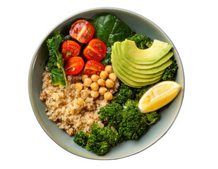 Top-down view of a colorful and vibrant healthy food bowl filled with quinoa, avocado slices, cherry tomatoes, kale, roasted chickpeas, and a lemon wedge, arranged on transparent background