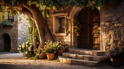 Fototapeta premium Rustic wooden door on old stone wall surrounded by lush ivy and vibrant flowers creates a cozy atmosphere for any outdoor setting