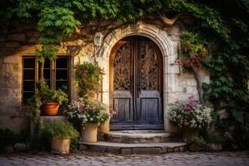 Fototapeta premium Rustic wooden door on old stone wall surrounded by lush ivy and vibrant flowers creates a cozy atmosphere for any outdoor setting