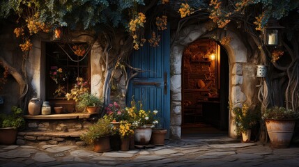 Fototapeta premium Rustic wooden door on old stone wall surrounded by lush ivy and vibrant flowers creates a cozy atmosphere for any outdoor setting