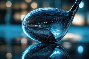 Elegant golf club reflecting light in a serene setting, showcasing detail and craftsmanship, perfect for lovers of the sport and elegant design during twilight hours outdoors