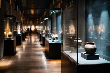 Museum exhibit of archaeological artifacts under soft lighting,