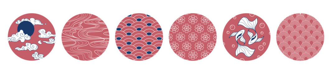 Japanese red circle patterns collection - sakura flowers, sun with clouds, ocean waves, koi fish, geometric shapes and nature motifs. Traditional seigaiha designs for asian themed projects.