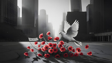 Dove of peace soaring over red poppies in a city street against gray skyscrapers