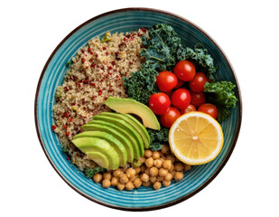 Top-down view of a colorful and vibrant healthy food bowl filled with quinoa, avocado slices, cherry tomatoes, kale, roasted chickpeas, and a lemon wedge, arranged on transparent background