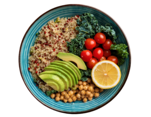 Top-down view of a colorful and vibrant healthy food bowl filled with quinoa, avocado slices, cherry tomatoes, kale, roasted chickpeas, and a lemon wedge, arranged on transparent background