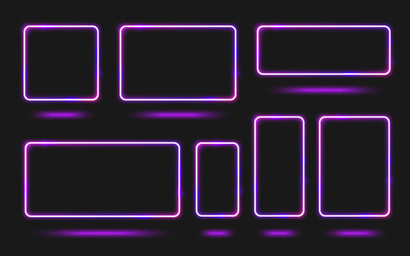 Neon frame set with glowing square and rectangular borders in purple and pink gradient colors on black background. Electric light rectangles for futuristic UI design, cyberpunk interfaces.
