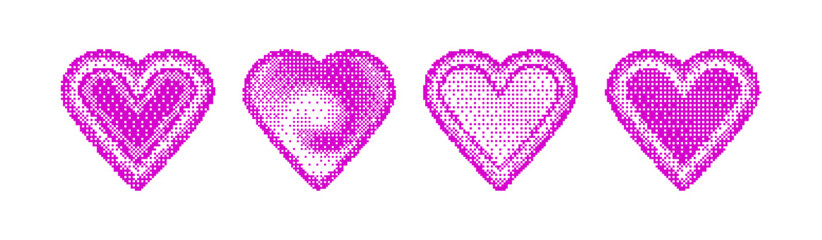 Pink pixel hearts with y2k halftone effects - digital love icons with gradient square dots in retro 8 bit game style. Valentine graphics collection in nostalgic computer art for romantic designs. © klyaksun