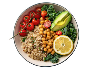 Top-down view of a colorful and vibrant healthy food bowl filled with quinoa, avocado slices, cherry tomatoes, kale, roasted chickpeas, and a lemon wedge, arranged on transparent background