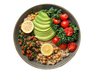 Top-down view of a colorful and vibrant healthy food bowl filled with quinoa, avocado slices, cherry tomatoes, kale, roasted chickpeas, and a lemon wedge, arranged on transparent background