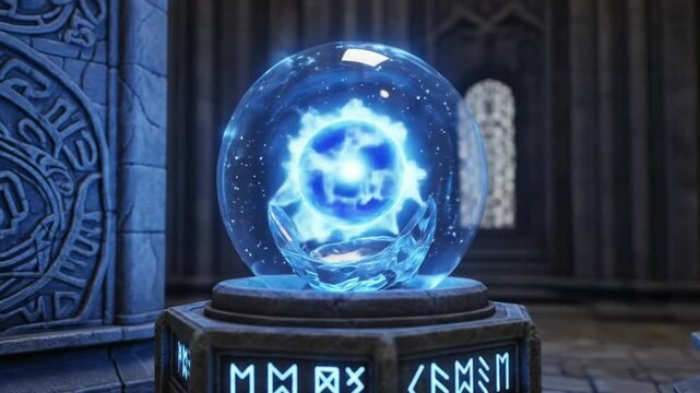 A glowing orb, seemingly magical, sits within a stone structure, illuminated by an inner light.