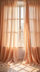 Sunlight streams through sheer peachcolored curtains draping a window in a bright room