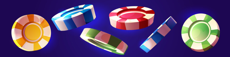 Obraz premium Cartoon casino chips collection on dark background - colorful glossy striped poker tokens in yellow and blue, red and green. Gaming currency in different angles for gambling app or Vegas themed design