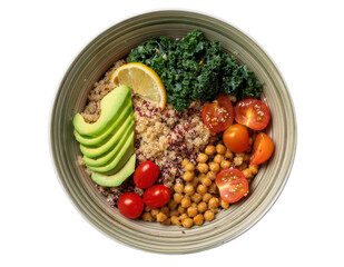 Top-down view of a colorful and vibrant healthy food bowl filled with quinoa, avocado slices, cherry tomatoes, kale, roasted chickpeas, and a lemon wedge, arranged on transparent background