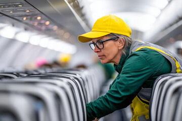 Cabin crew preparing aircraft cabin before flight, 