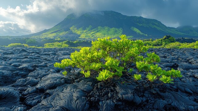 Lush greenery sprouting from volcanic rock formations.