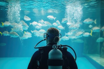Scuba dive training session with instructor in a pool surrounded by schools of fish and underwater bubbles