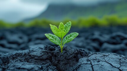A small sprout emerging from dark, cracked earth.