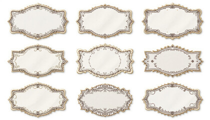 Set of ornate, empty frames with golden decorative edges and antique design on a white background.