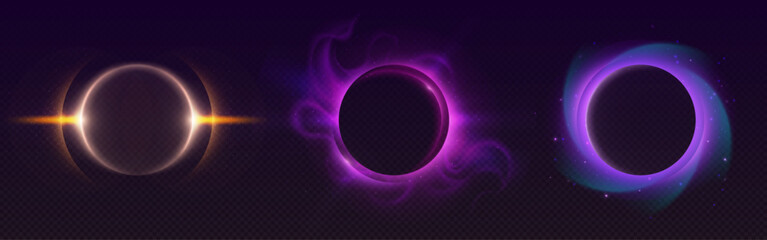 Naklejka na ściany i meble Cosmic neon halo circles with glowing edges - golden ring, purple energy sphere and pink plasma circle on dark space background. Futuristic light effects for sci-fi game interfaces or digital art.