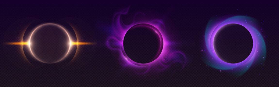 Cosmic neon halo circles with glowing edges - golden ring, purple energy sphere and pink plasma circle on dark space background. Futuristic light effects for sci-fi game interfaces or digital art.