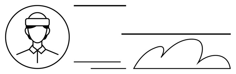 Minimalistic outline of a person inside a circle, stylized cloud, and horizontal lines. Ideal for technology, cloud computing, networking, identity, data management, minimal design simple flat
