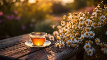 Cozy garden moment with chamomile tea and blooming plants, dreamy