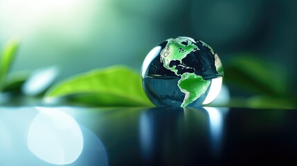 Close-up of a water droplet on a green leaf with a blurred green bokeh background