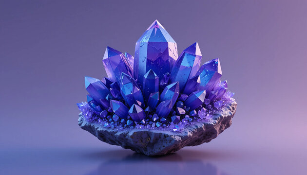 Luminous purple crystal cluster, radiant and gleaming, rests delicately on a dark, rough matrix.