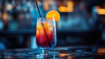 Colorful cocktail served in elegant glass with vibrant layers garnished with fruit on a dark bar counter