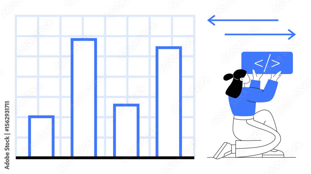 Poster female developer holding coding panel beside a bar graph on a grid. ideal for analytics, growth, dev