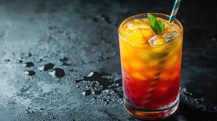 A delightful cocktail in a beautifully crafted glass displays vibrant layers of color, garnished with fresh fruit and a straw, set against a dimly lit bar background.