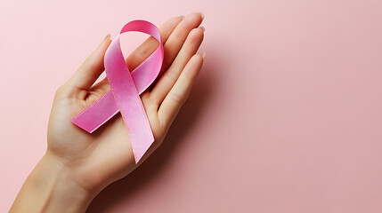 Pink ribbon symbolizing breast cancer awareness held gently in a womans hand against a pale pink backdrop for medical or charitable campaigns