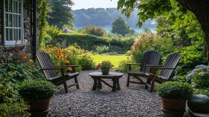 Relaxing autumn evening at a charming country house with adirondack chairs in the foreground