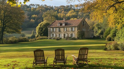 Set in a serene landscape, two adirondack chairs face a stunning country house surrounded by vibrant fall foliage, creating a perfect evening's retreat.
