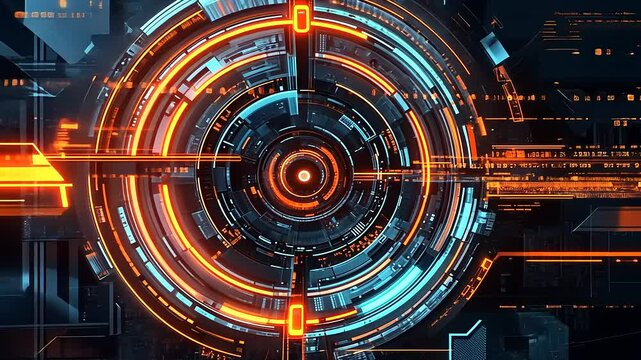 Futuristic digital interface design featuring glowing circular patterns and vibrant colors on a dark backdrop