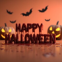 Happy halloween bloody text with pumpkins and bats halloween concept