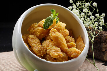 Flavored pork liver in a rectangular white porcelain plate