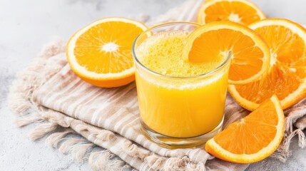 Freshly squeezed orange juice in a glass with orange slices.