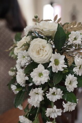 Elegant White Wedding Bouquet Roses, Chrysanthemums, and Gold Accents
