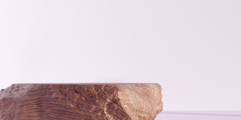Natural textured rock product display podium with a minimalist light pink background for product presentation. 3D Rendering