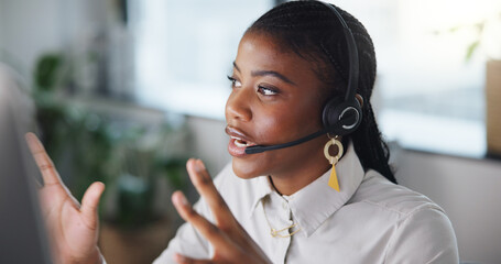 Call center, talking and black woman in office with consultation, CRM or enquiry conversation. Headset, tech and African female customer service agent with online support for contact us in workplace.