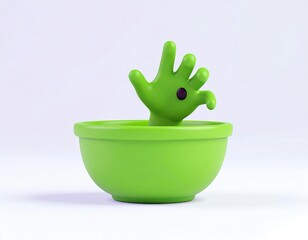 3D tiny zombie hand icon holding onto the rim of a bowl, stylized and cute, minimal white or soft blur backdrop