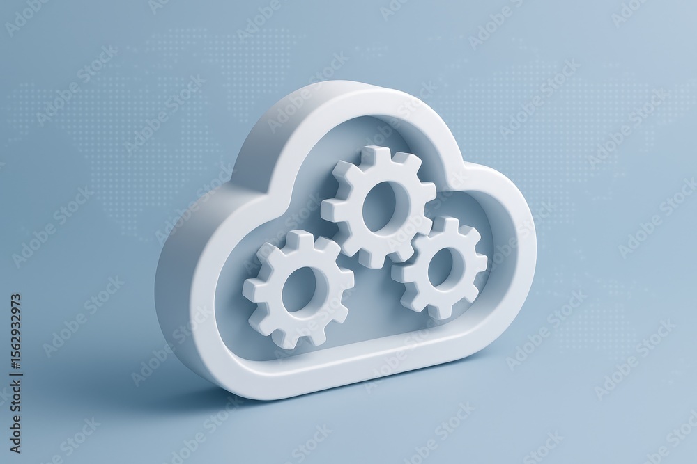 Fototapete Cloud computing: A sleek, modern image of a cloud combined with gears illustrates cloud computing. Capturing concept of technological innovation, seamless integration.
