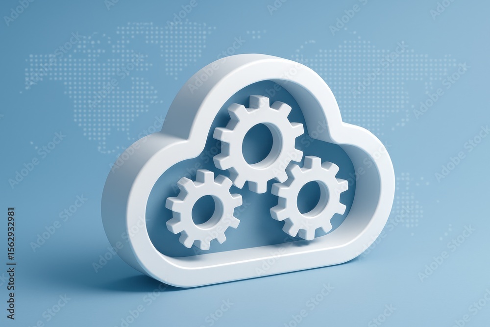 Fototapete cloud computing and gear integration: a 3d rendering showcasing a cloud icon interlinked with gear m