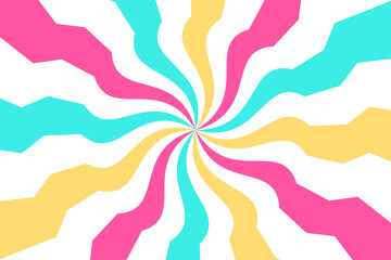 Psychedelic retro abstract background with 70s style background. Vintage spiral distorted ray pattern. pink, yellow and sky blue colors