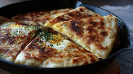 Home-cooked savory stuffed flatbread, filled with flavorful egg and meat